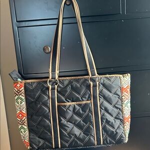 Cinda B computer Quilted Black Tote Bag with Patterned Sides